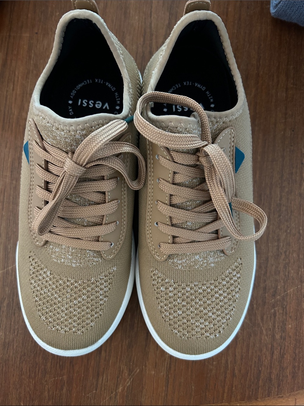 Vessi Women’s Knit Sneakers in Tan with Blue Accent